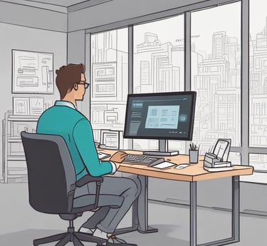 A focused professional working efficiently on a laptop surrounded by neat notes and digital devices.