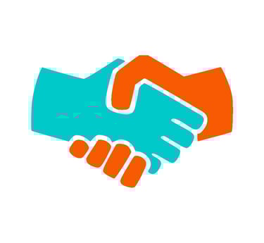 Teal and orange handshake icon representing a business partnership and agreement.