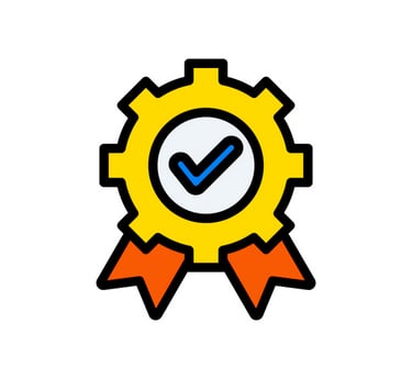 Yellow gear quality seal icon with blue checkmark and orange ribbon symbolizing service excellence.