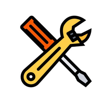 Flat line icon of a crossed orange screwdriver and yellow wrench for repair and maintenance services.