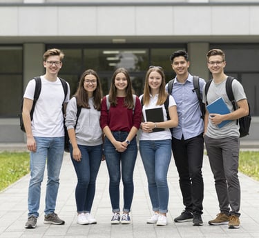 A diverse group of students and professionals smiling together in a modern classroom setting.