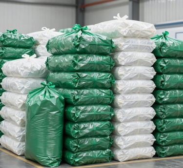 A clean, modern workspace showing colorful plastic bags neatly arranged with a laptop displaying the Plasticerah online store.