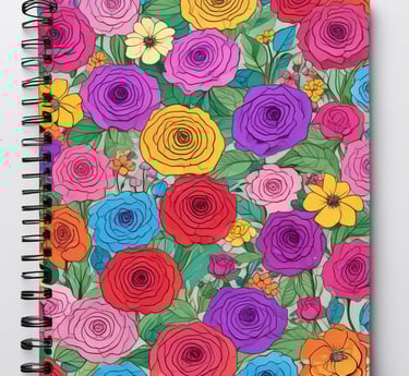 A blue notebook with rounded corners is wrapped in a white paper band. The band contains text in Spanish describing the product as a package of five sewn notebooks with 100 pages each, made with 90g bond paper, manufactured in Mexico. The design includes a minimalist, geometric logo.