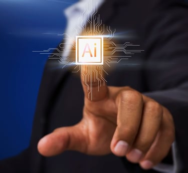 a man in a suit pointing at a computer chip powered with AI