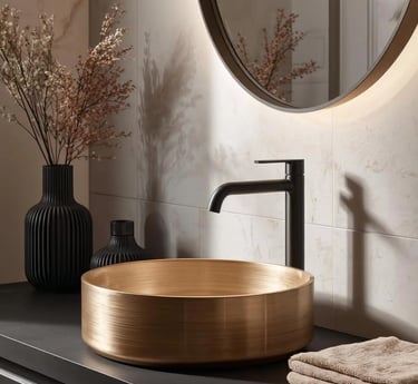 Vasque ronde en cuivre doré sur meuble noir, salle de bain contemporaine élégante avec robinet noir et miroir mural.