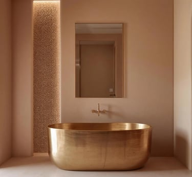 Salle de bain élégante avec baignoire centrale en cuivre doré et robinetterie artisanale marocaine.