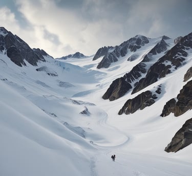 Snow-covered alpine village in Stubaital with skiers enjoying the slopes under a clear blue sky.