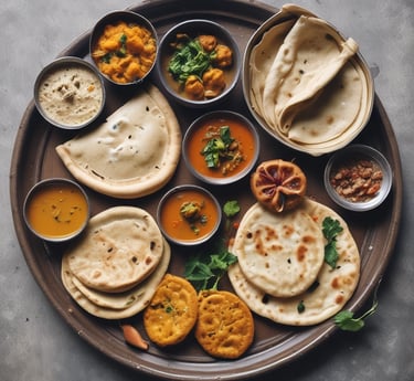 A wooden tray holds a traditional Indian meal. There is a paratha flatbread topped with butter, a small metallic bowl containing a brown dessert resembling a modak, and another bowl filled with a creamy white substance garnished with saffron strands. A brass spoon is placed on the paratha.