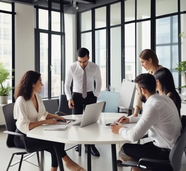 A group of Hispanic entrepreneurs collaborating happily in a bright, modern workspace.