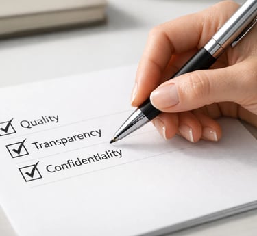 Hand marking checkboxes for quality, transparency, and confidentiality on a business document.