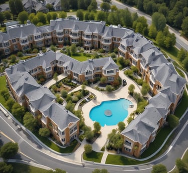A modern apartment complex with multiple buildings. The buildings have contemporary architectural designs and are painted in various colors, including white, beige, and red brick. Several balconies and large windows are visible on each building. The courtyard area contains green plants, small trees, and a pathway. There's also a structure at the bottom right corner that might be a storage or utility shed.