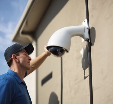 A surveillance camera mounted on a white stand, positioned against a plain background. The camera is branded with the logo 'Dahua' and appears to be pointed to the right.