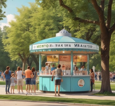 A quaint gelato shop with a vibrant red facade and signage reading 'Frozen Fun Maestri Del Gelato'. Decorative chalkboard stand displaying a menu, surrounded by potted plants. The setting appears cozy with a hint of vintage charm.