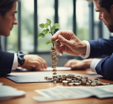 A modern office workspace with diverse team members collaborating over market analysis charts.