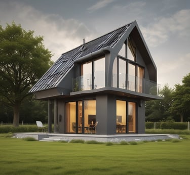 A semi-detached house with a brown pebble-dash exterior and white-framed windows stands in the middle of the image. The backyard appears to be under construction or renovation, with building materials such as bricks, wood pallets, and tarps scattered across the lawn. A garage or carport area to the left is partially covered and houses some construction equipment. A wooden fence borders the right side of the property, and the grass shows signs of recent activity.