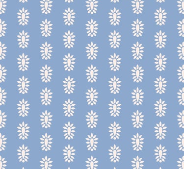 Simple repeating pattern of white stylized floral forms on a powder blue background.