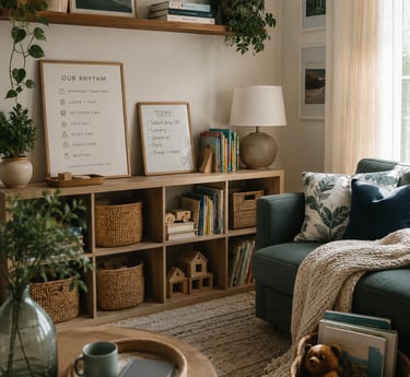 Cozy homeschool room with wooden shelves, woven baskets, indoor plants, and a daily rhythm chart for kids.