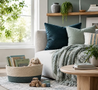 Modern living room decor featuring a woven toy storage basket, plush pillows, and a textured throw blanket.