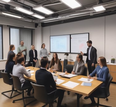 A wooden table with various items arranged on it including a crumpled piece of paper with the words 'Marketing Strategy', an iron, a pot plant, three markers, and two books. One of the books is titled 'A Designer's Guide to Marketing and Pricing'.