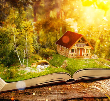a book opened to show a house on a tree stump