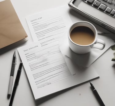 A warm, cozy workspace with handwritten notes, a laptop, and a coffee cup scattered around a script in progress.