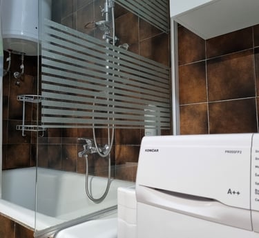 The photo shows a shower in a bathtub, a washing machine and a cabinet in the apartment bathroom.