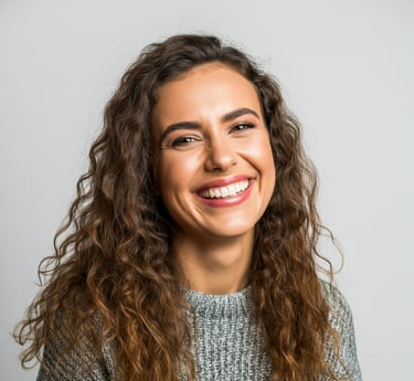 Portrait of a young woman with curly brown hair wearing a grey knit sweater, smiling warmly at the camera