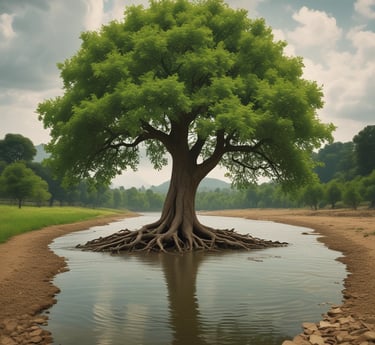 A blue Academy Study Bible with gold lettering is placed on a wooden surface. In the background, there are blurred objects including a white vase with dark stems and a black cylindrical container.