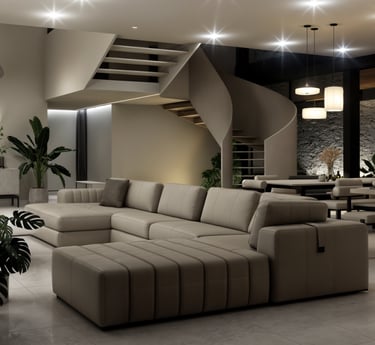 Sala con sofá en L y escalera curva escultórica.