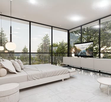 Dormitorio moderno con ventanales y vista al jardín.