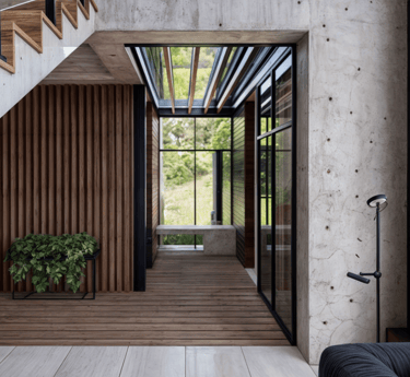 Pasillo moderno con concreto y madera, rodeado de naturaleza.