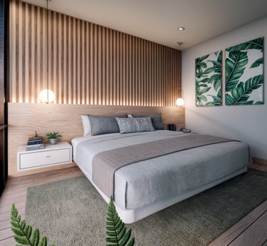 Dormitorio con listones de madera y decoración botánica.