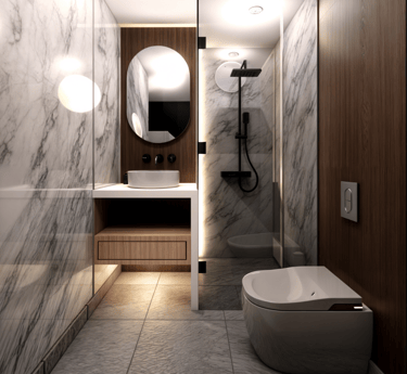 Baño con mármol, espejo redondo y ducha tipo spa.