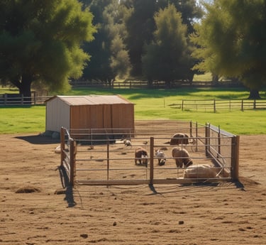 A rustic courtyard area featuring a small cow shelter with a teal canopy attached to a brick wall. Under the shelter, a cow is visible along with farm equipment. In the foreground, a blue tractor trailer with the words 'TRUST IN GOD' is parked, loaded with hay. Near the bottom, several bundles of hay are neatly stacked. The background includes more agricultural tools and structures, along with some residential buildings.