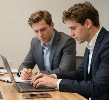 A warm, inviting office scene showing a small family team collaborating on a digital marketing project.