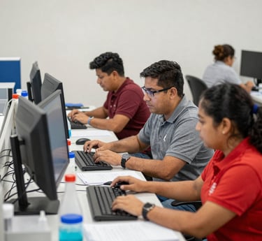 Team of lab professionals collaborating with advanced diagnostic equipment in a modern clinical laboratory setting.