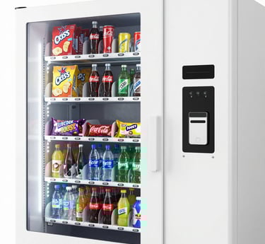 A sleek, modern vending machine stocked with a variety of snacks and drinks in a bright office setting.
