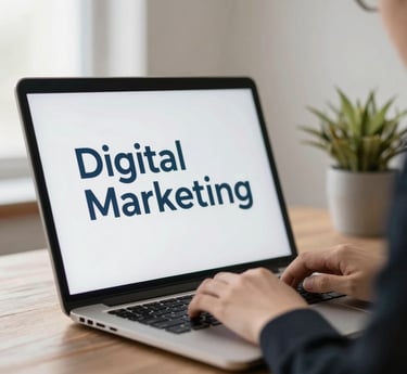 A vibrant illustration showing digital marketing concepts like social media, SEO, and analytics on a laptop screen.