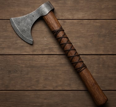 A close-up of a rugged Viking axe resting on a wooden table, showcasing its detailed craftsmanship and worn leather handle.