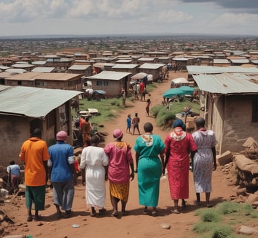 A vibrant community gathering where diverse individuals share stories and smiles under a bright blue sky.