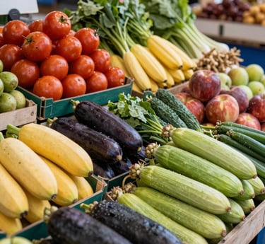 A vibrant crate overflowing with fresh green leafy vegetables and colorful fruits, set against a rustic wooden market stall backdrop.