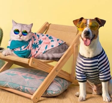 Perro y gato divertidos con gafas de sol y ropa de verano en una silla de playa.