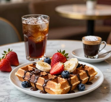 Close-up of a golden waffle topped with fresh strawberries and drizzled with rich Belgian chocolate sauce.