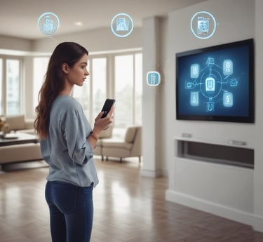 a woman standing in a living room with a cell phone