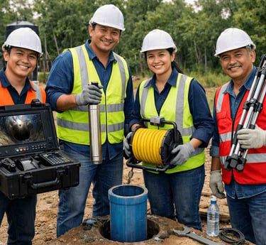 Civil engineers in hard hats use a borehole camera and inspection tools at a construction site.