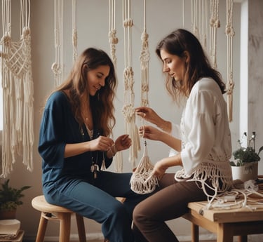 Two women crafting handmade macrame wall hangings in a boho-style art studio workshop.