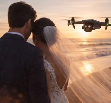Drone DJI mavic 3 pro de Boxaphoto Events qui prends des photos et vidéos de jeunes mariés à la plage