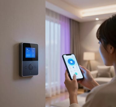 A sleek, modern living room showcasing smart lighting and automated curtains in a stylish Hyderabad home.