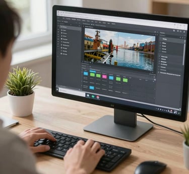 Creative workspace with designers collaborating on branding and automation projects.