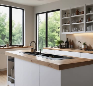 Cozy, well-organized living room with natural wood accents and soft lighting.